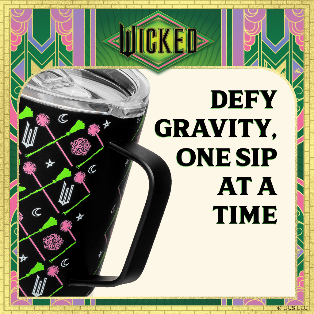 Officially licensed WICKED black 12-ounce insulated stainless steel camp mug with WICKED branding and a sip-through lid.