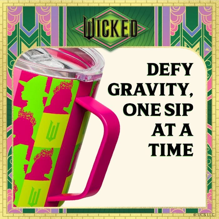 Officially licensed Wicked pink 12 oz stainless steel insulated camp mug with sip-through lid and gift-ready packaging.