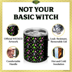 Officially licensed WICKED black 12-ounce insulated stainless steel camp mug with WICKED branding and a sip-through lid.