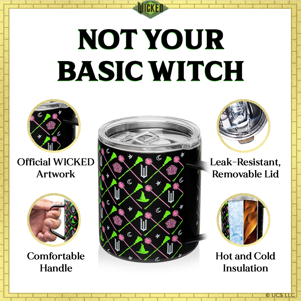 Officially licensed WICKED black 12-ounce insulated stainless steel camp mug with WICKED branding and a sip-through lid.