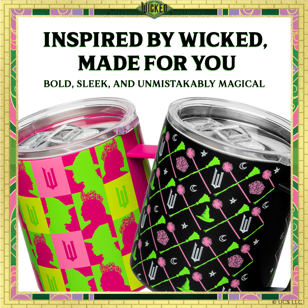 Officially licensed WICKED black 12-ounce insulated stainless steel camp mug with WICKED branding and a sip-through lid.