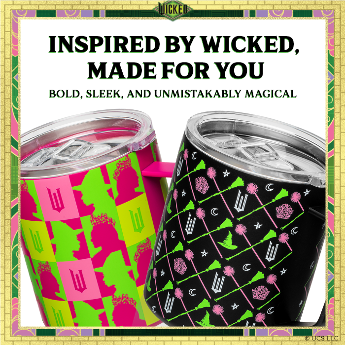 Officially licensed Wicked pink 12 oz stainless steel insulated camp mug with sip-through lid and gift-ready packaging.