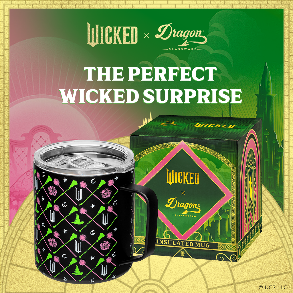 Officially licensed WICKED black 12-ounce insulated stainless steel camp mug with WICKED branding and a sip-through lid.