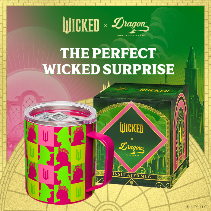 Officially licensed Wicked pink 12 oz stainless steel insulated camp mug with sip-through lid and gift-ready packaging.