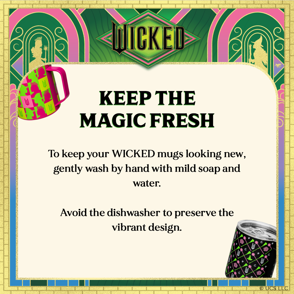 Officially licensed WICKED black 12-ounce insulated stainless steel camp mug with WICKED branding and a sip-through lid.