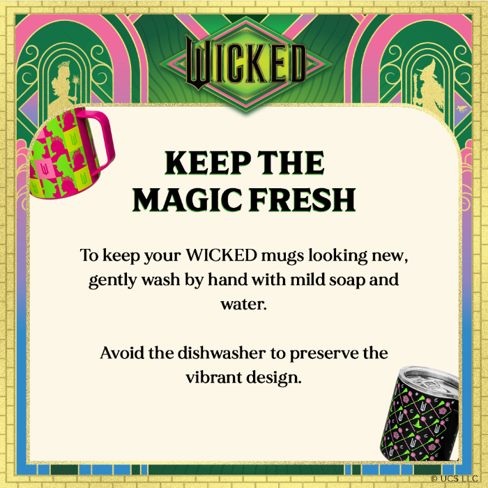 Officially licensed Wicked pink 12 oz stainless steel insulated camp mug with sip-through lid and gift-ready packaging.