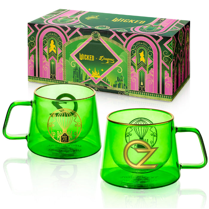 Set of two WICKED-inspired 8-ounce crystal-clear glass Ozpresso coffee cups with a whimsical, spellbinding finish.