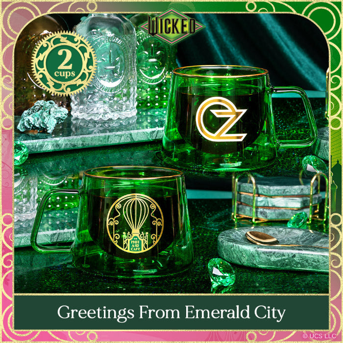 Set of two WICKED-inspired 8-ounce crystal-clear glass Ozpresso coffee cups with a whimsical, spellbinding finish.