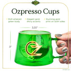 Set of two WICKED-inspired 8-ounce crystal-clear glass Ozpresso coffee cups with a whimsical, spellbinding finish.