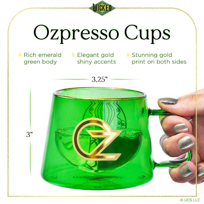 Set of two WICKED-inspired 8-ounce crystal-clear glass Ozpresso coffee cups with a whimsical, spellbinding finish.