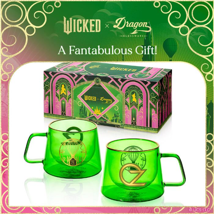 Set of two WICKED-inspired 8-ounce crystal-clear glass Ozpresso coffee cups with a whimsical, spellbinding finish.