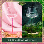 Two wine glasses, one pink and one green, with decorative elements and 'Wicked' branding.