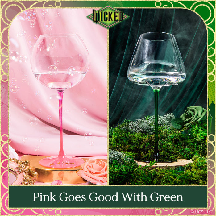 Two wine glasses, one pink and one green, with decorative elements and 'Wicked' branding.