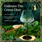 Glass with green liquid on a mystical forest background, featuring text about 'Embrace The Green Elixir'.