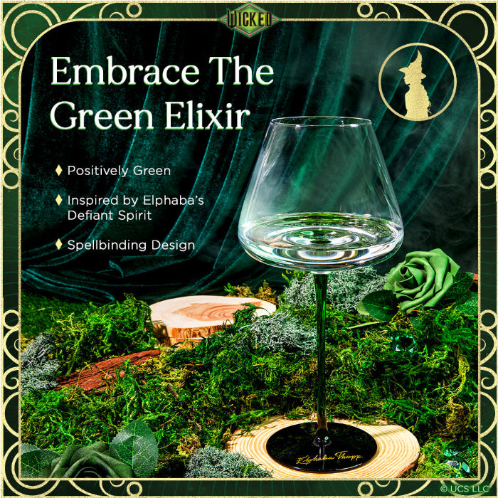 Glass with green liquid on a mystical forest background, featuring text about 'Embrace The Green Elixir'.