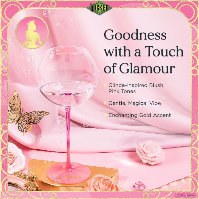 Pink glass with gold accents on a pink background, featuring text about 'Goodness with a Touch of Glamour'.