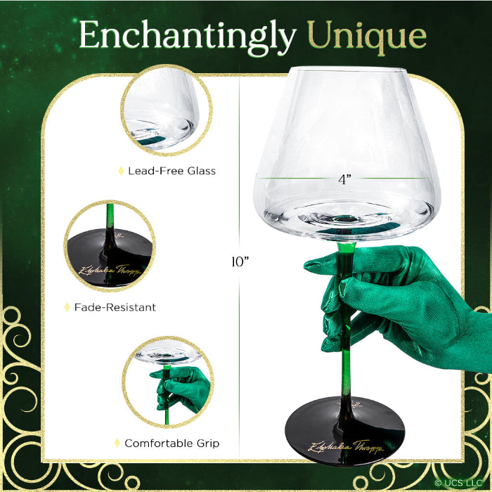 Wine glass with green gloves holding it, labeled 'Enchantingly Unique' with product features.