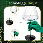 Wine glass with green gloves holding it, labeled 'Enchantingly Unique' with product features.