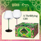 Wine glasses with a decorative box on a green and pink background, featuring 'Wicked x Dragon' branding.