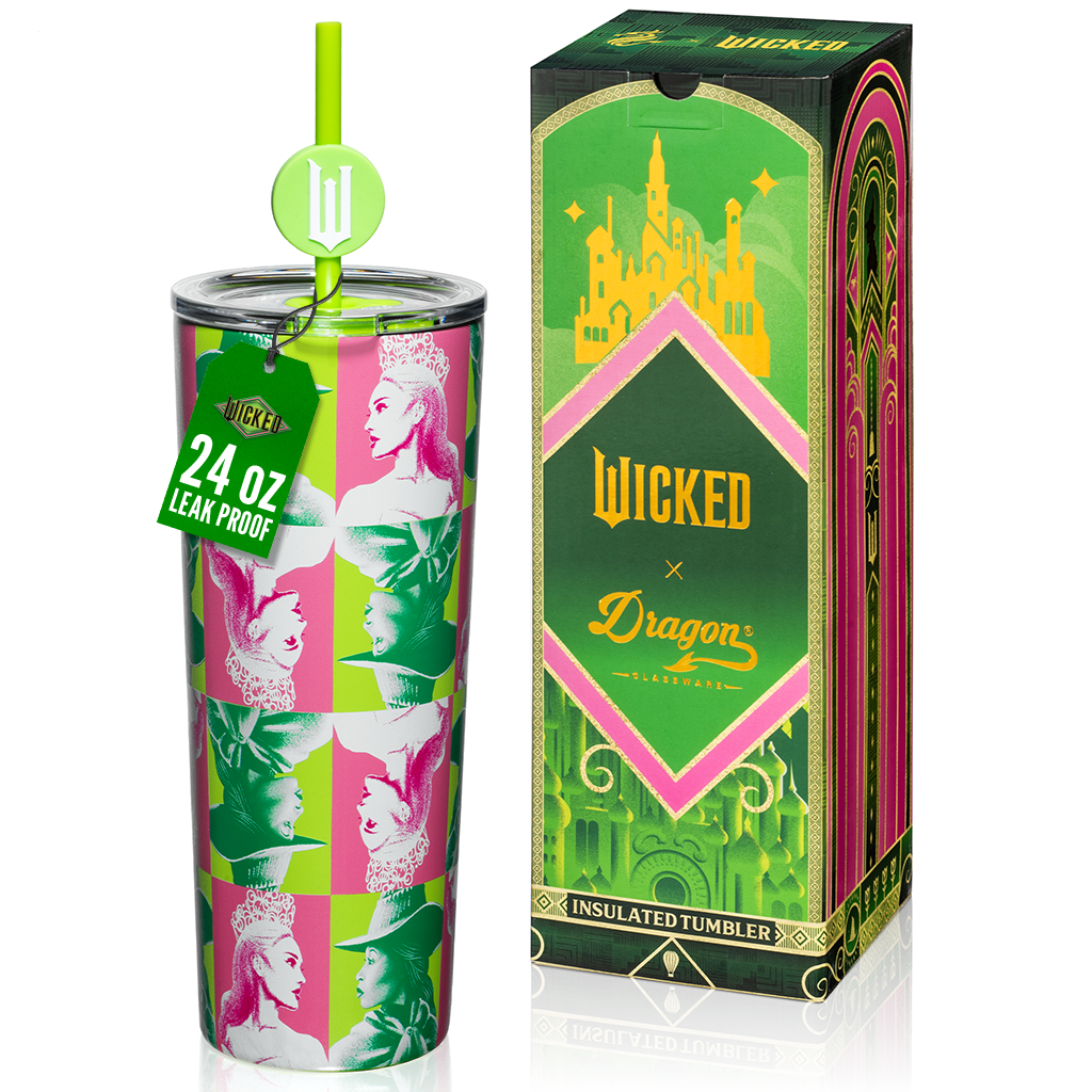 Officially licensed WICKED 24-ounce stainless steel insulated tumbler featuring portraits of Glinda and Elphaba with a removable lid and straws.