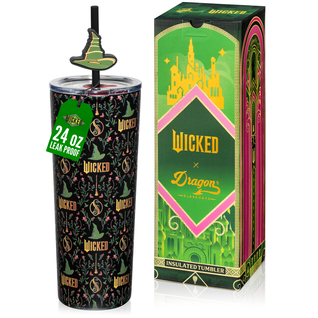 Officially licensed WICKED Enchanted 24-ounce insulated stainless steel tumbler with removable lid and two straws with decorative toppers.