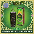 Officially licensed WICKED Enchanted 24-ounce insulated stainless steel tumbler with removable lid and two straws with decorative toppers.