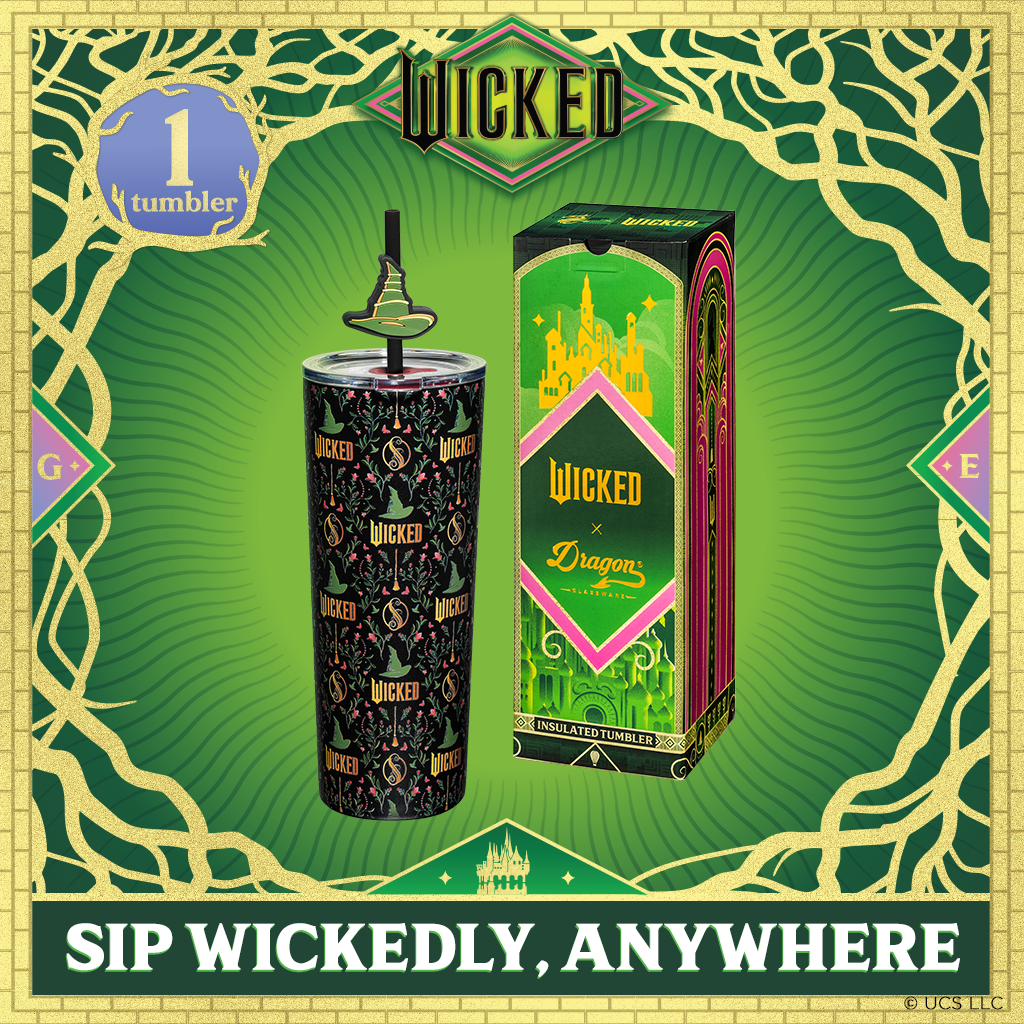 Officially licensed WICKED Enchanted 24-ounce insulated stainless steel tumbler with removable lid and two straws with decorative toppers.