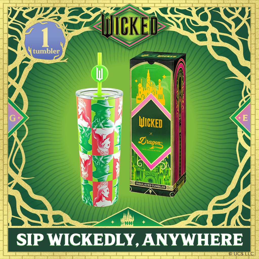 Officially licensed WICKED 24-ounce stainless steel insulated tumbler featuring portraits of Glinda and Elphaba with a removable lid and straws.