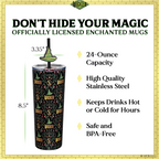 Officially licensed WICKED Enchanted 24-ounce insulated stainless steel tumbler with removable lid and two straws with decorative toppers.