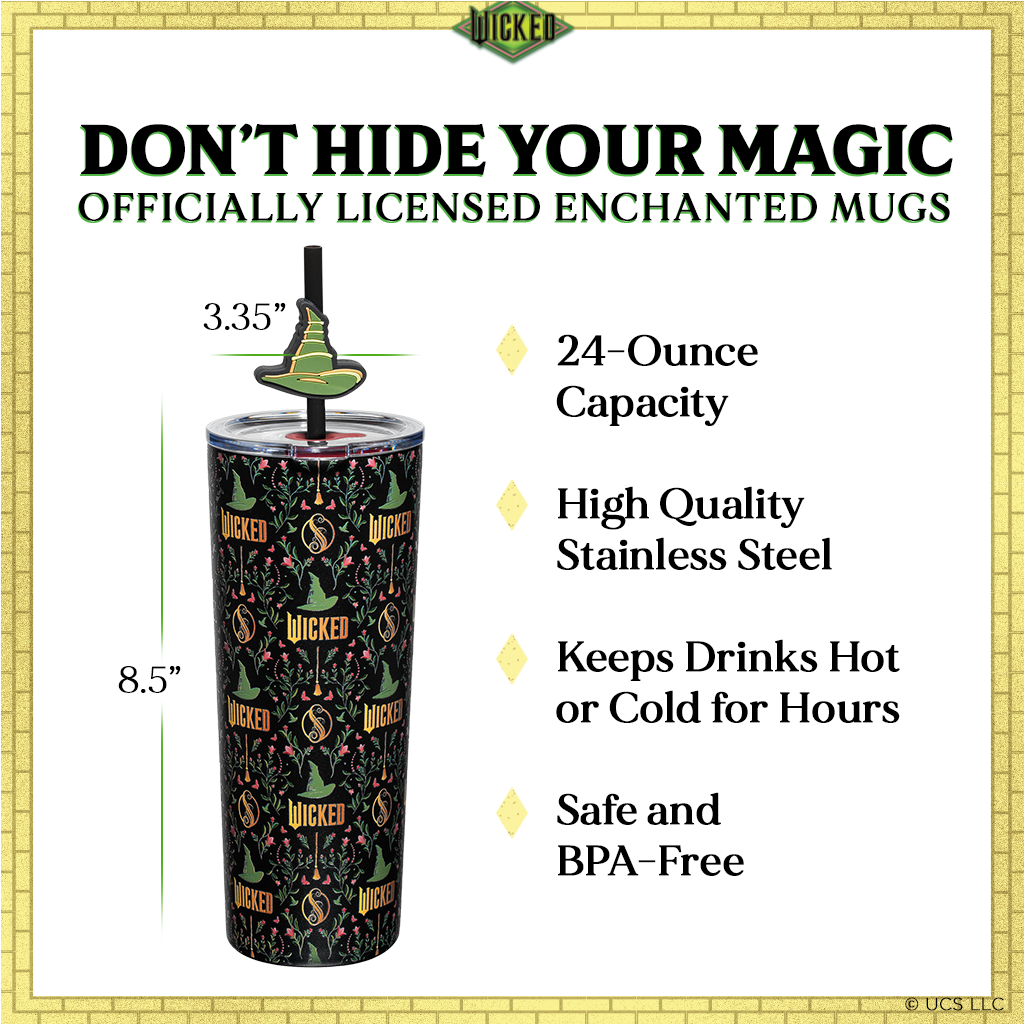 Officially licensed WICKED Enchanted 24-ounce insulated stainless steel tumbler with removable lid and two straws with decorative toppers.