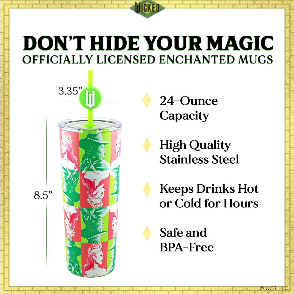 Officially licensed WICKED 24-ounce stainless steel insulated tumbler featuring portraits of Glinda and Elphaba with a removable lid and straws.