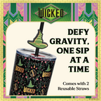 Officially licensed WICKED Enchanted 24-ounce insulated stainless steel tumbler with removable lid and two straws with decorative toppers.