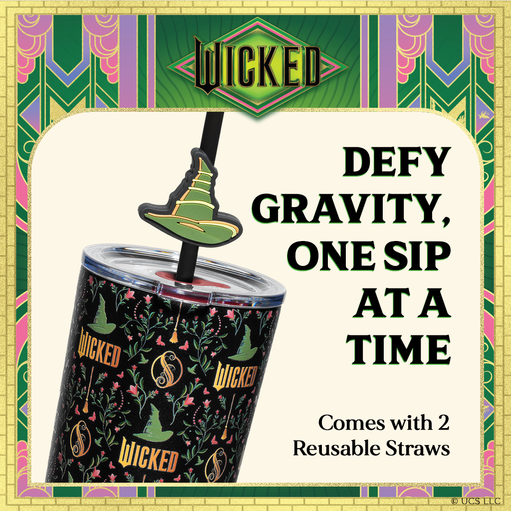 Officially licensed WICKED Enchanted 24-ounce insulated stainless steel tumbler with removable lid and two straws with decorative toppers.