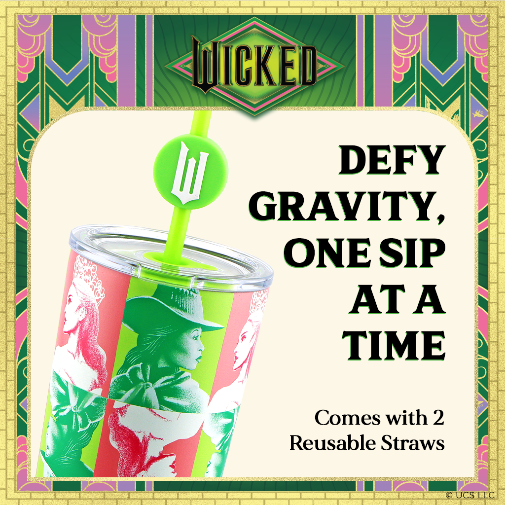 Officially licensed WICKED 24-ounce stainless steel insulated tumbler featuring portraits of Glinda and Elphaba with a removable lid and straws.