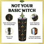 Officially licensed WICKED Enchanted 24-ounce insulated stainless steel tumbler with removable lid and two straws with decorative toppers.