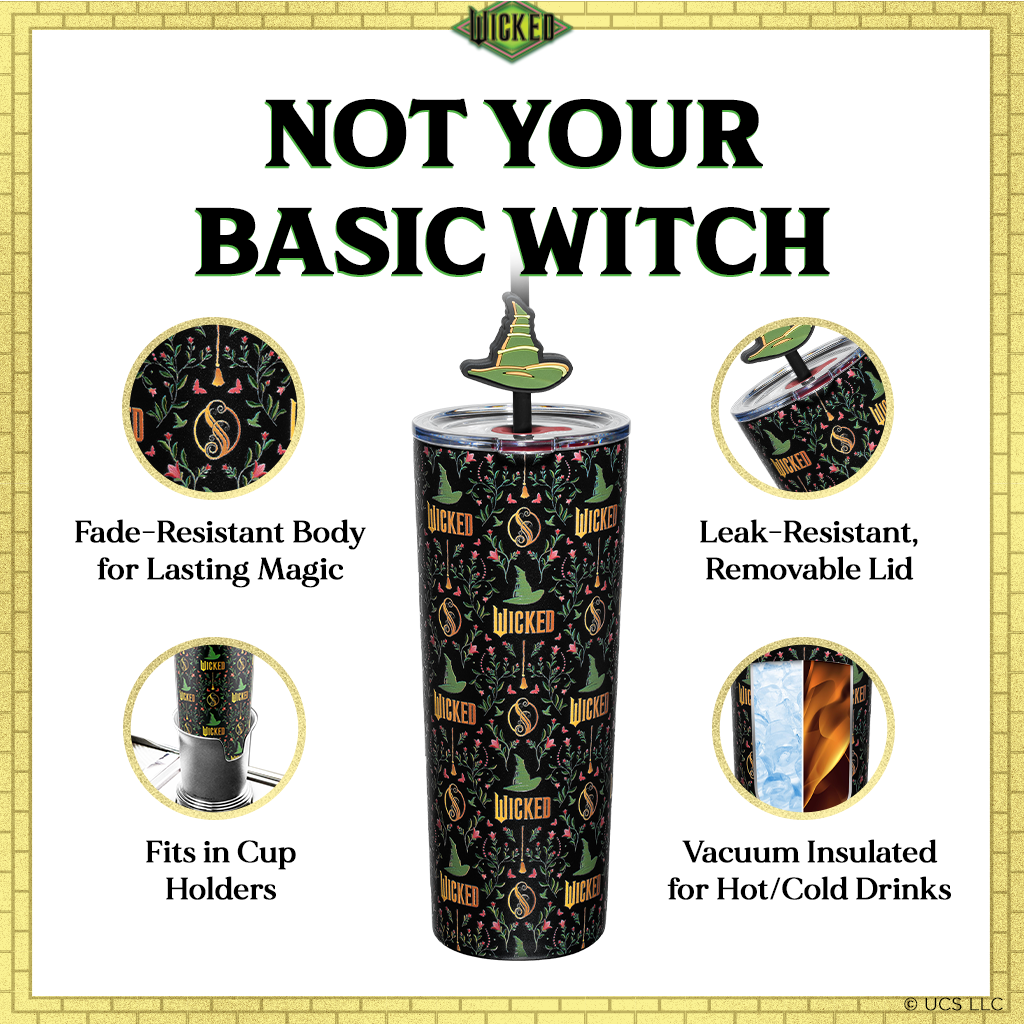 Officially licensed WICKED Enchanted 24-ounce insulated stainless steel tumbler with removable lid and two straws with decorative toppers.