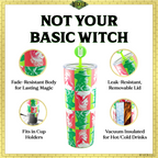 Officially licensed WICKED 24-ounce stainless steel insulated tumbler featuring portraits of Glinda and Elphaba with a removable lid and straws.
