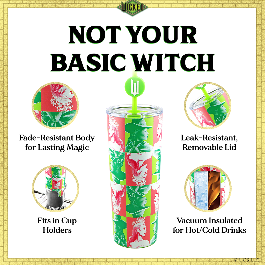 Officially licensed WICKED 24-ounce stainless steel insulated tumbler featuring portraits of Glinda and Elphaba with a removable lid and straws.