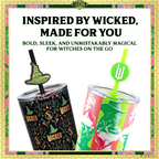 Officially licensed WICKED Enchanted 24-ounce insulated stainless steel tumbler with removable lid and two straws with decorative toppers.