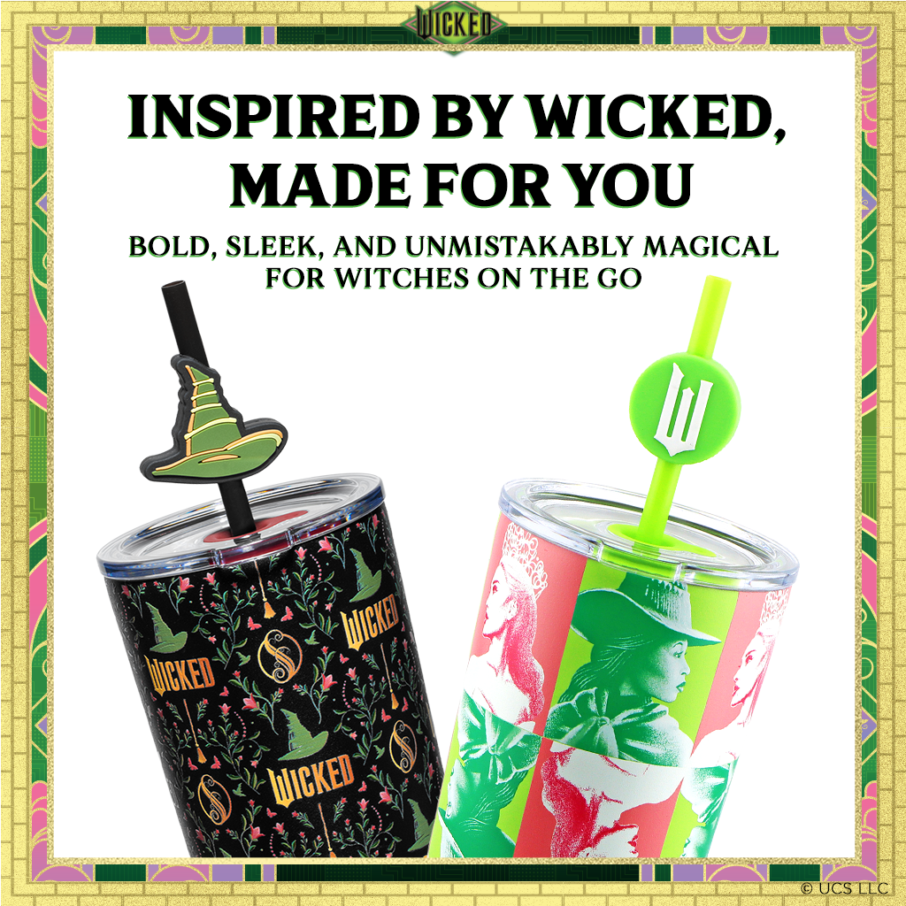 Officially licensed WICKED 24-ounce stainless steel insulated tumbler featuring portraits of Glinda and Elphaba with a removable lid and straws.