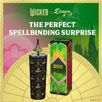 Officially licensed WICKED Enchanted 24-ounce insulated stainless steel tumbler with removable lid and two straws with decorative toppers.