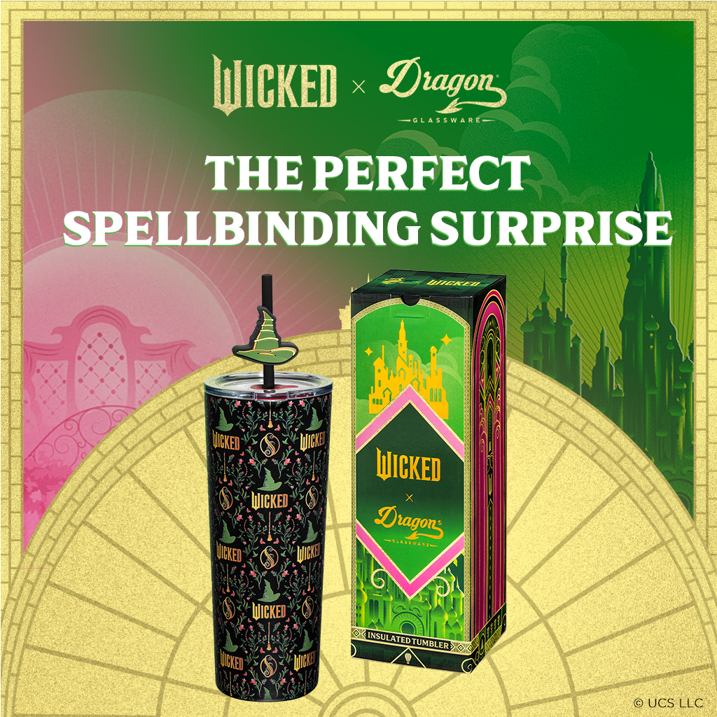 Officially licensed WICKED Enchanted 24-ounce insulated stainless steel tumbler with removable lid and two straws with decorative toppers.