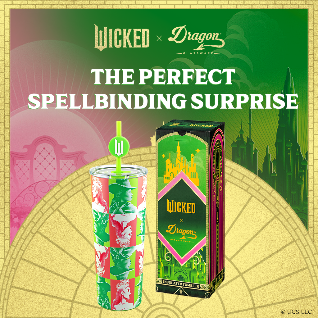 Officially licensed WICKED 24-ounce stainless steel insulated tumbler featuring portraits of Glinda and Elphaba with a removable lid and straws.