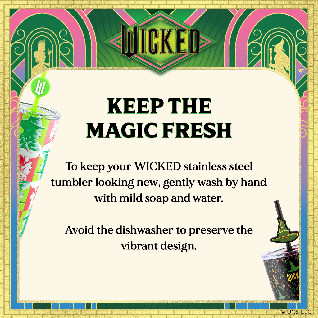 Officially licensed WICKED Enchanted 24-ounce insulated stainless steel tumbler with removable lid and two straws with decorative toppers.