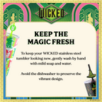 Officially licensed WICKED 24-ounce stainless steel insulated tumbler featuring portraits of Glinda and Elphaba with a removable lid and straws.