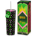 Officially licensed WICKED Elphaba and Glinda 24-ounce insulated stainless steel tumbler with removable lid, pink straw, and white straw.