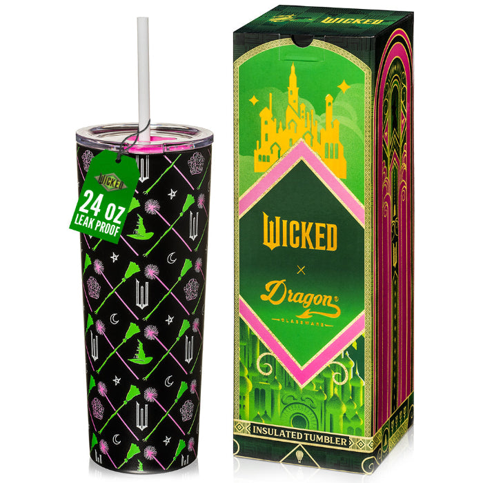 Officially licensed WICKED Elphaba and Glinda 24-ounce insulated stainless steel tumbler with removable lid, pink straw, and white straw.