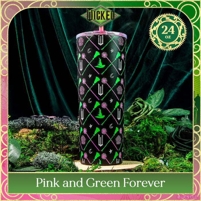 Tumbler with pink and green designs on a mystical background, featuring the brand 'Wicked'.