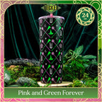 Tumbler with pink and green designs on a mystical background, featuring the brand 'Wicked'.