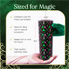 Officially licensed WICKED Elphaba and Glinda 24-ounce insulated stainless steel tumbler with removable lid, pink straw, and white straw.